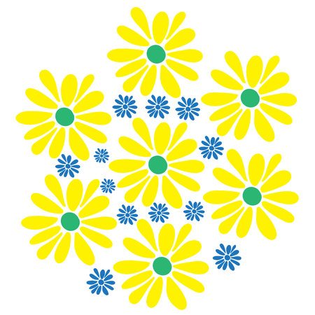 Yellow and blue daisies on white background. Vector illustration.のイラスト素材