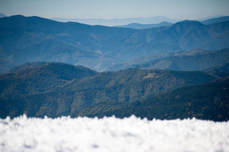 Beautiful alpine panoramic view snow capped mountains, European beautiful winter mountainsの写真素材