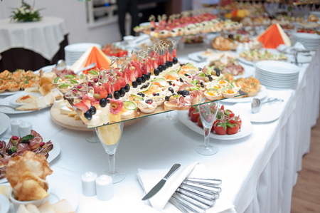 buffet table at the banquet. Festive food. Outgoing cateringの写真素材