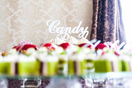 Wedding tasty decorations. Candy bar. Sweet tableの写真素材