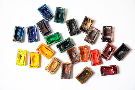 Colorful paints isolated on white background. top view. flat lay.の写真素材