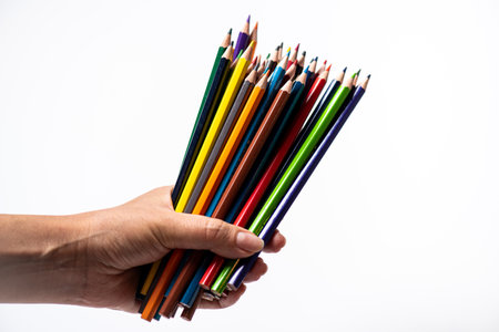 Hand holding color pencils isolated on white background, Back to school conceptの写真素材