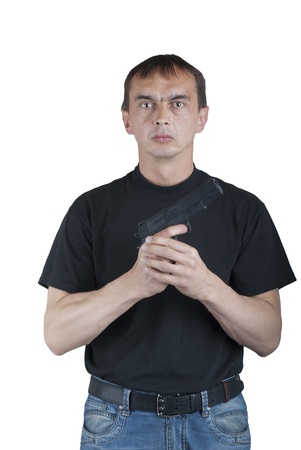 Man with a gun in her handsの写真素材