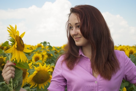 Beautiful girl in a field of sunflowers.の写真素材