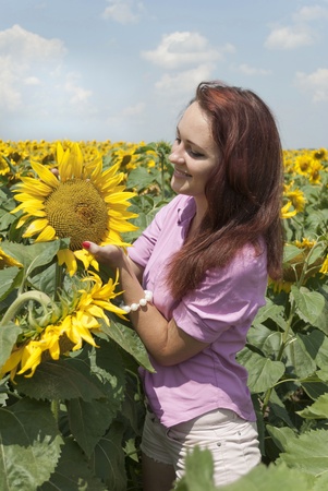 Beautiful girl in a field of sunflowers.の写真素材