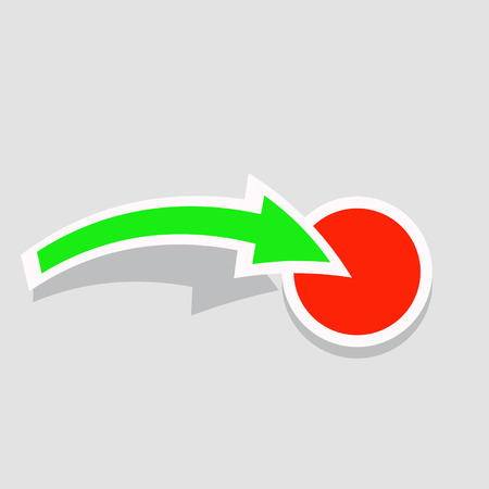 The green arrow points to the red button. Vector illustration.のイラスト素材