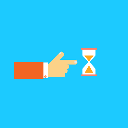 Men's hand pointing to the hourglass. Vector illustration.のイラスト素材