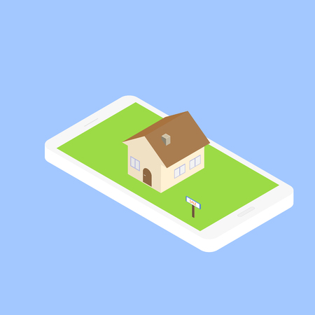 Search for real estate via the Internet through your smartphone. Finding a home to rent or buy. Vector illustration of an isometric 3D.のイラスト素材