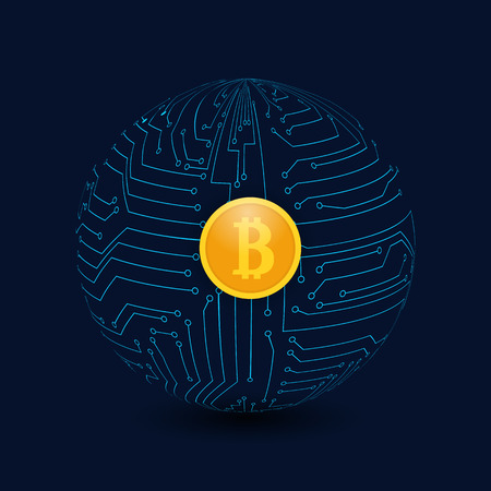 Circle from the motherboard and bitcoin coins on a dark background. Global business. Vector illustration .のイラスト素材