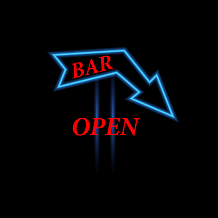 Arrow neon sign with bar open text. Vector illustration .のイラスト素材