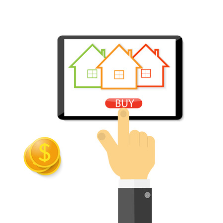Businessman buys a house online. Vector illustration .のイラスト素材