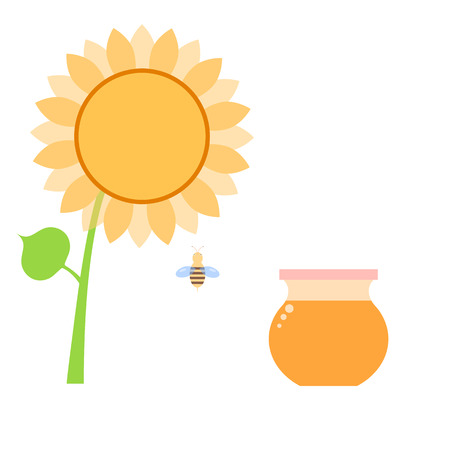 Honey in a can of bee and sunflower on a white background. Vector illustration .のイラスト素材