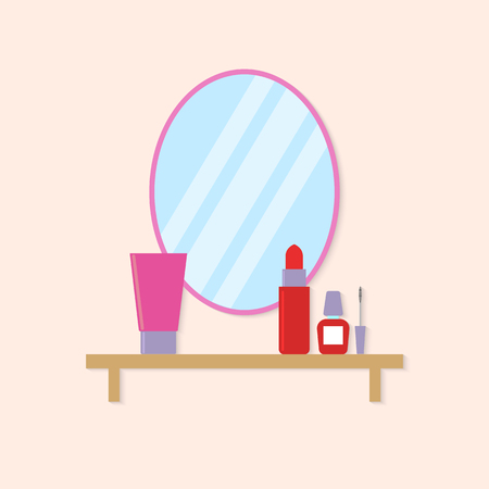 Cosmetics on the table near the mirror in the bathroom. Vector illustration .のイラスト素材