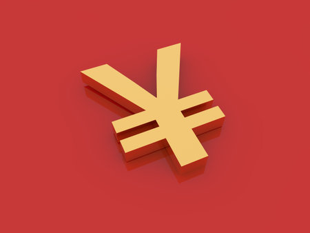 Japanese currency sign on a red background. 3d rendering illustration.