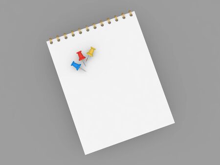 Notepad for notes with push pins on a gray background. 3d render illustration.の写真素材