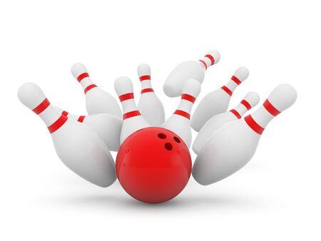 Bowling ball and scattered skittles on a white background. 3d render illustration.の写真素材