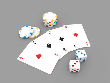 Playing cards, chips, dice, on a gray background. 3d render illustration.の写真素材