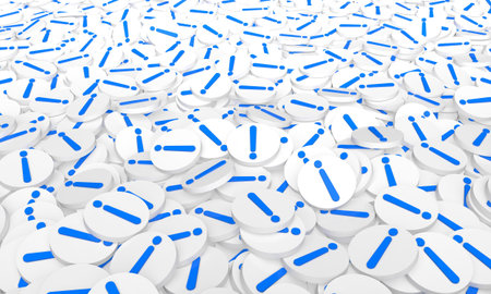Exclamation marks are randomly scattered throughout the frame. 3d render illustration.