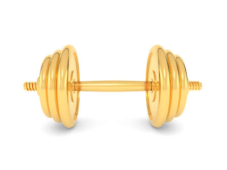 Gold sports dumbbell on a white background. 3d render illustration.の写真素材
