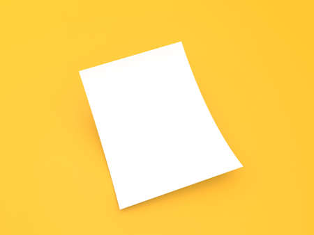 Curved white A4 sheet of office paper on a yellow background. 3d render illustration.の写真素材