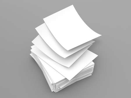 Stack of white sheets of A4 office paper on a gray background. 3d render illustration.の写真素材