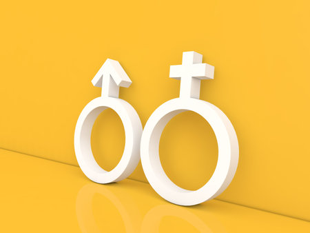 Gender symbols of man and woman on a yellow background. 3d render illustration.の写真素材