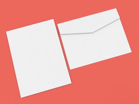 Paper envelope and sheet of a4 paper on a red background. 3d render illustration.の写真素材