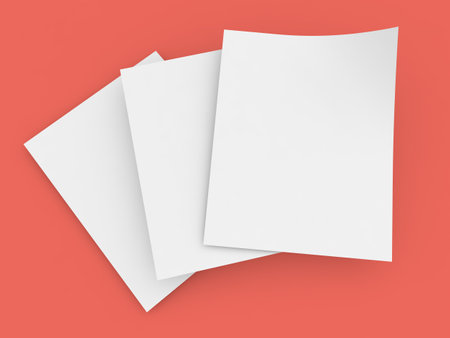 Sheets of A4 paper on a red background. 3d render illustration.の写真素材
