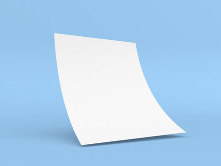Curved sheet of A4 paper on a blue background. 3d render illustration.の写真素材