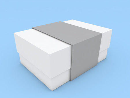 Packaging paper box with ribbon mockup on blue background. 3d render illustration.の写真素材