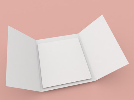 Blank trifold brochure mockup A4 on orange background. 3d render illustration.の写真素材