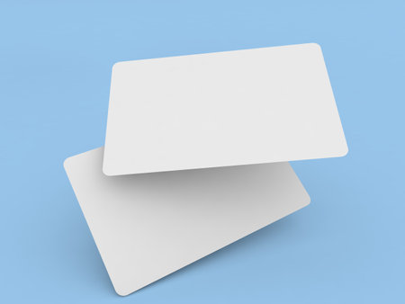 Two bank cards mockup on a blue background. 3d render illustration.の写真素材