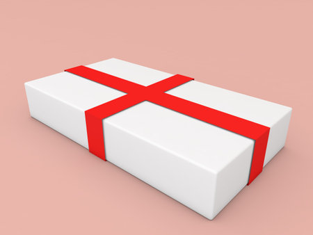 White paper gift box with red ribbons on a pink background. 3d render illustration.の写真素材