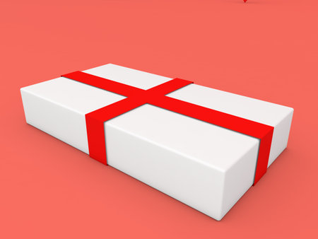 White paper gift box with red ribbons on a red background. 3d render illustration.の写真素材