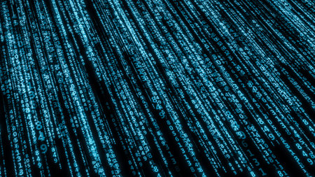 Digital background artificial intelligence technology.Blue numbers on a black background. 3d illustration.の写真素材