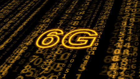 6G on digital background. Sixth generation of mobile communication technologies. 3d render...