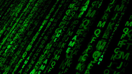 Set of green letters in one line on a black background. 3d render illustration.の写真素材