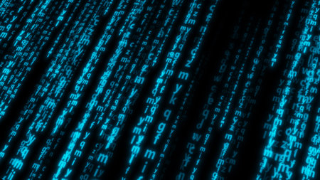 Background of random blue letters on black. Network information transfer concept. 3d render...