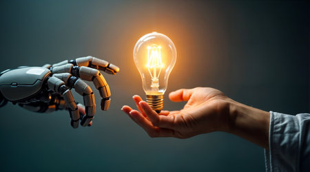 A humanoid robot extends its mechanical hand to transfer a radiant light bulb to a human. This interaction symbolizes the merging of technology and humanity, framed in a dark ambiance.の素材