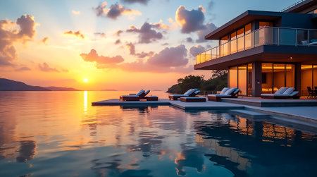 A stunning villa located by a tranquil lake showcases luxurious lounge chairs beside an infinity pool. The sunset casts vibrant colors across the sky and water, creating a picturesque scene.の素材
