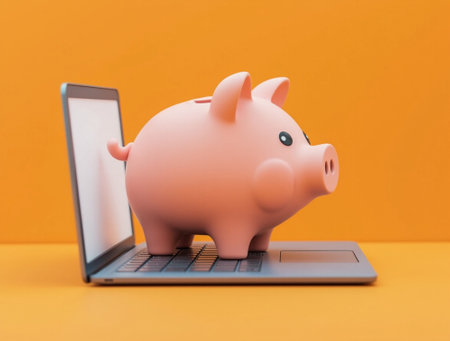 A pink piggy bank is positioned on a laptop keyboard against a bright orange backdrop, symbolizing saving and managing money in the digital age.の素材