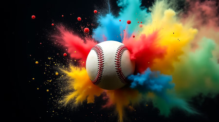 A baseball bursts through a cloud of colorful powder, creating a stunning visual effect against a dark backdrop. The vibrant hues blend and swirl around the ball.の素材