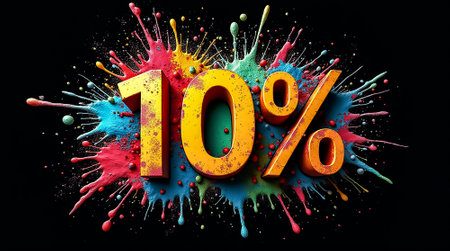 A bold ten percent symbol stands out against a black background, surrounded by vibrant splashes of color that evoke excitement and energy for a promotional offer.の素材