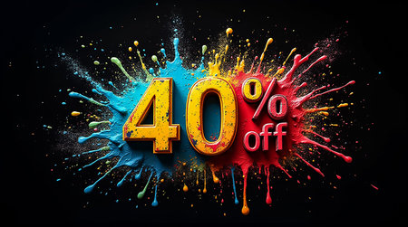 Vibrant display of a 40 percent discount message surrounded by colorful splashes. Ideal for promotional events or sales in retail settings, showcasing creativity and excitement.の素材