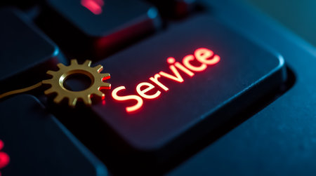 A close-up view of a computer keyboard showcasing a key labeled Service, glowing in bright red. The image emphasizes modern technology and the importance of support.の素材