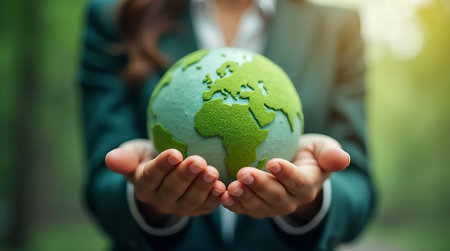 A person in a green suit holds a model of Earth with detailed continents, symbolizing environmental awareness and sustainability. The background features lush greenery, indicating nature.の素材