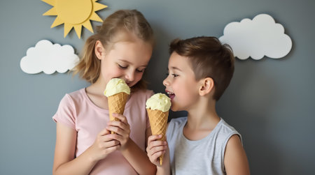 Two children share a joyful moment holding ice cream cones indoors. They smile at each other while surrounded by a bright sun and cloud decorations.の素材