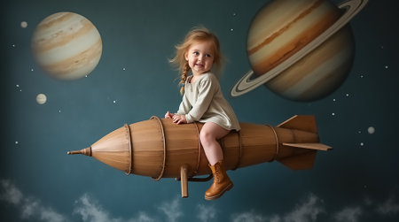 A young child smiles while sitting on a wooden rocket, surrounded by painted planets in a blue sky. The scene captures a moment of creativity and joy in a whimsical setting.の素材
