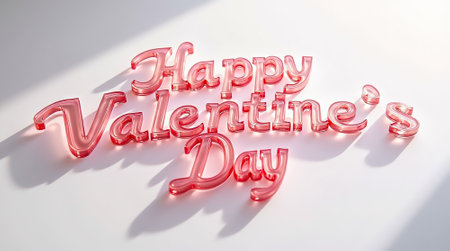 Bright pink letters spell out a cheerful Valentine's Day greeting on a smooth, light-colored surface. The soft shadows add depth, creating a festive atmosphere.の素材