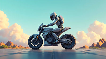 A humanoid robot rides a sleek motorcycle against a backdrop of rolling hills and colorful clouds during sunset. The scene reflects innovation and adventure in a serene landscape.の素材